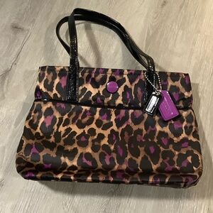 Coach vintage purple leopard print fabric tote purse